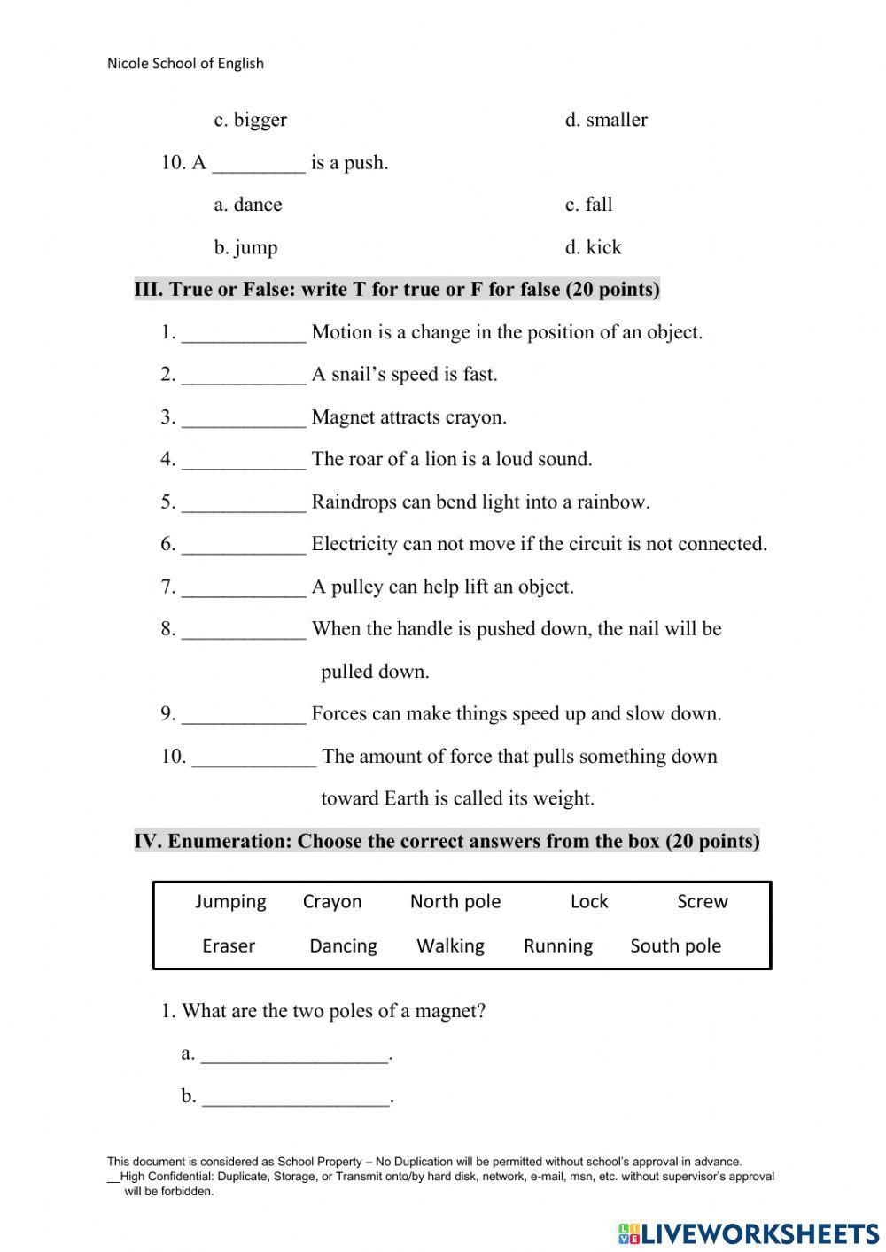 Final Evaluation Science sheet