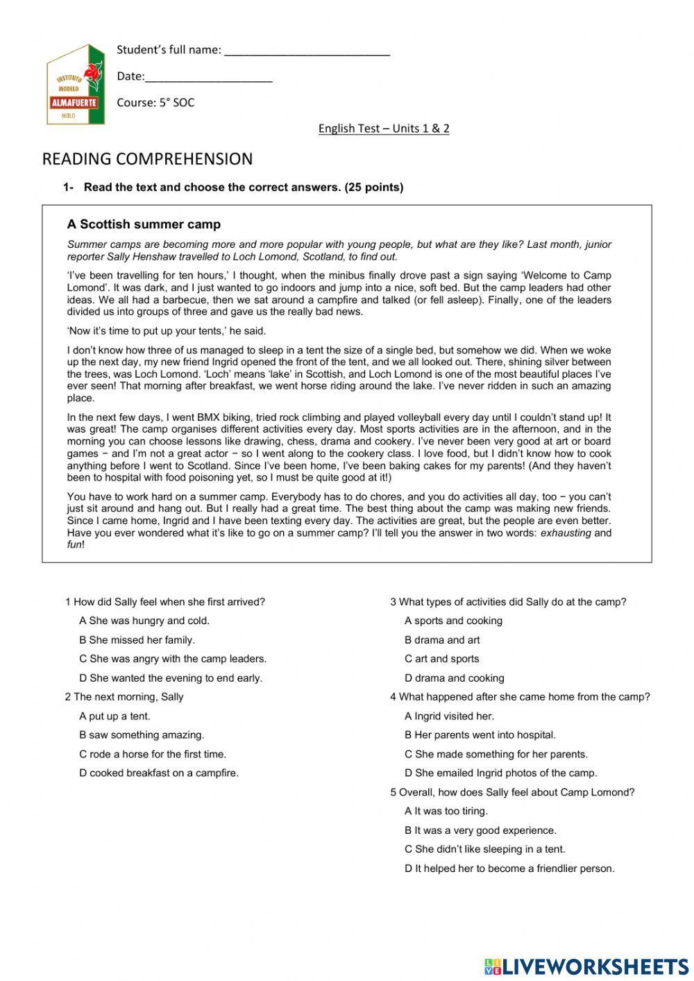 English Test - Unit 1 (A)