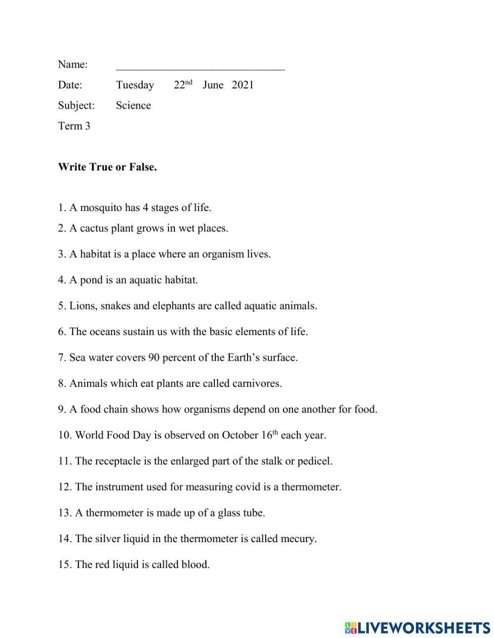 Science std 3 term 3 test