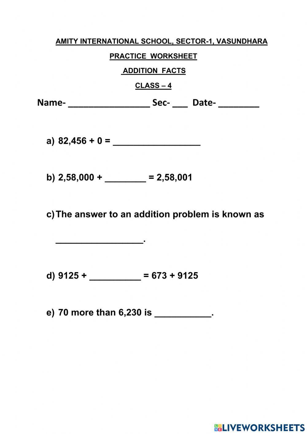 Addition Facts activity Live Worksheets