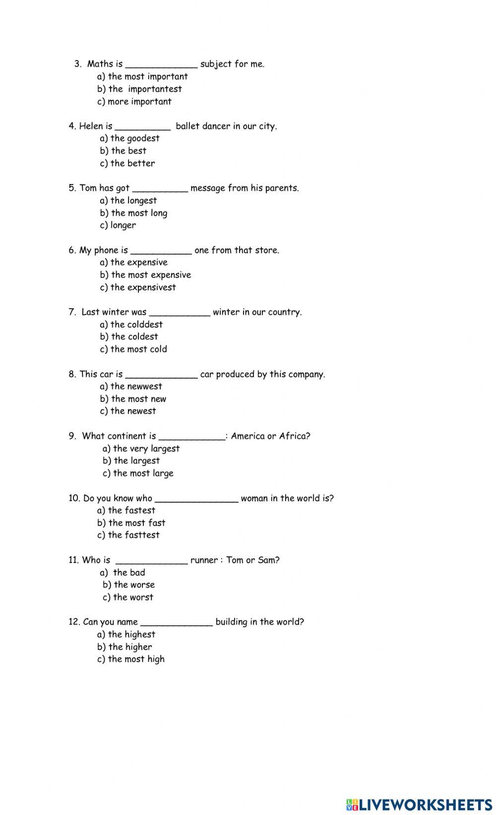Worksheet Superlative Forms Practice