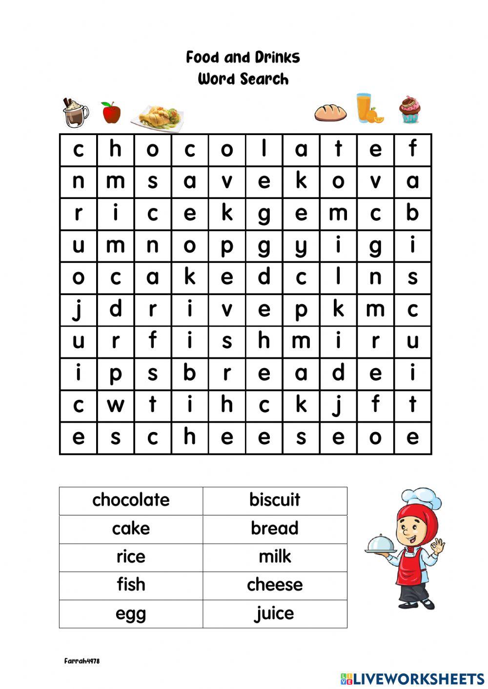 Food and drinks wordsearch