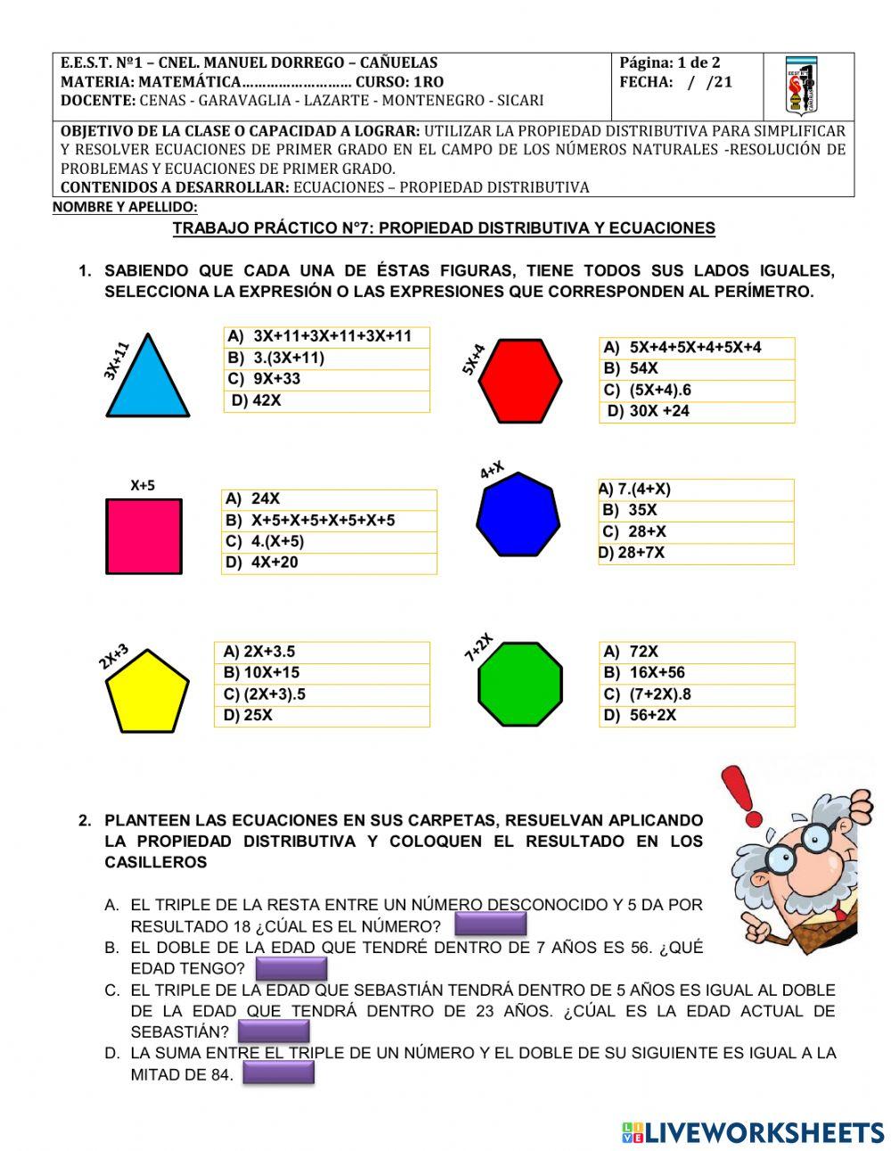 1°año-tp n°5-ecuaciones y propiedad distributiva