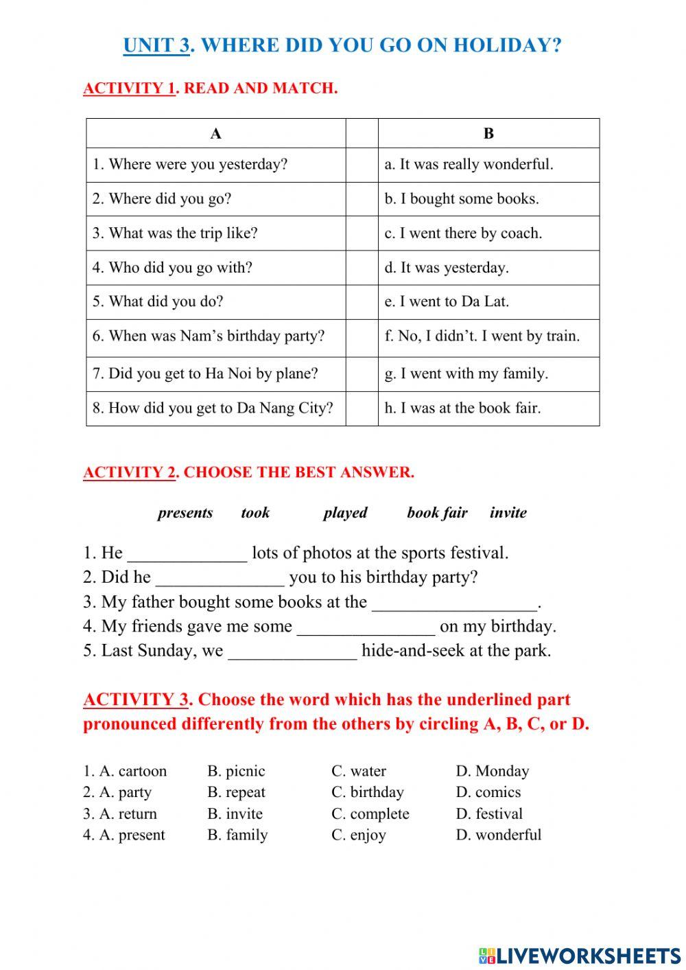 English 5 Unit 3 Where did you go on holiday?