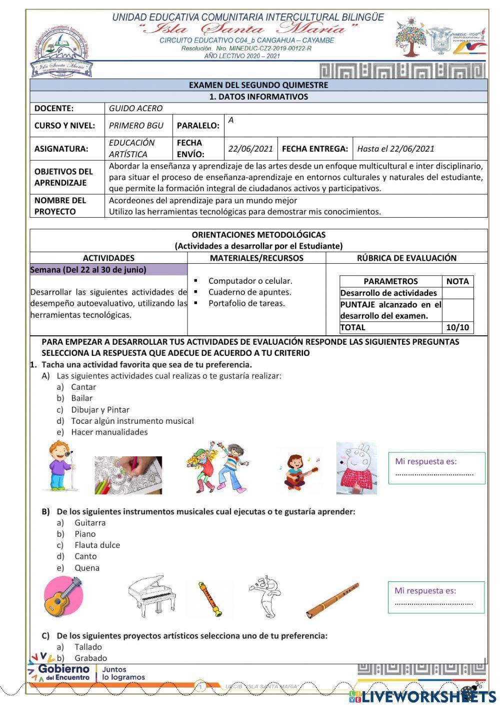 Examen Educación Artística 1-2 de Bachillerato