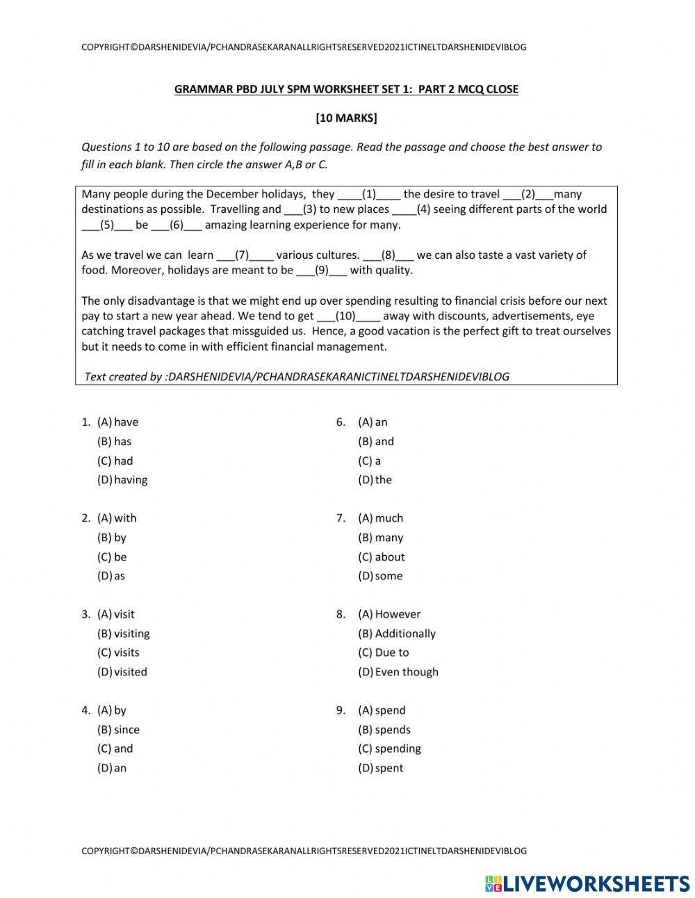 Part 2 MCQ CLOSE SPM CEFR more worksheets