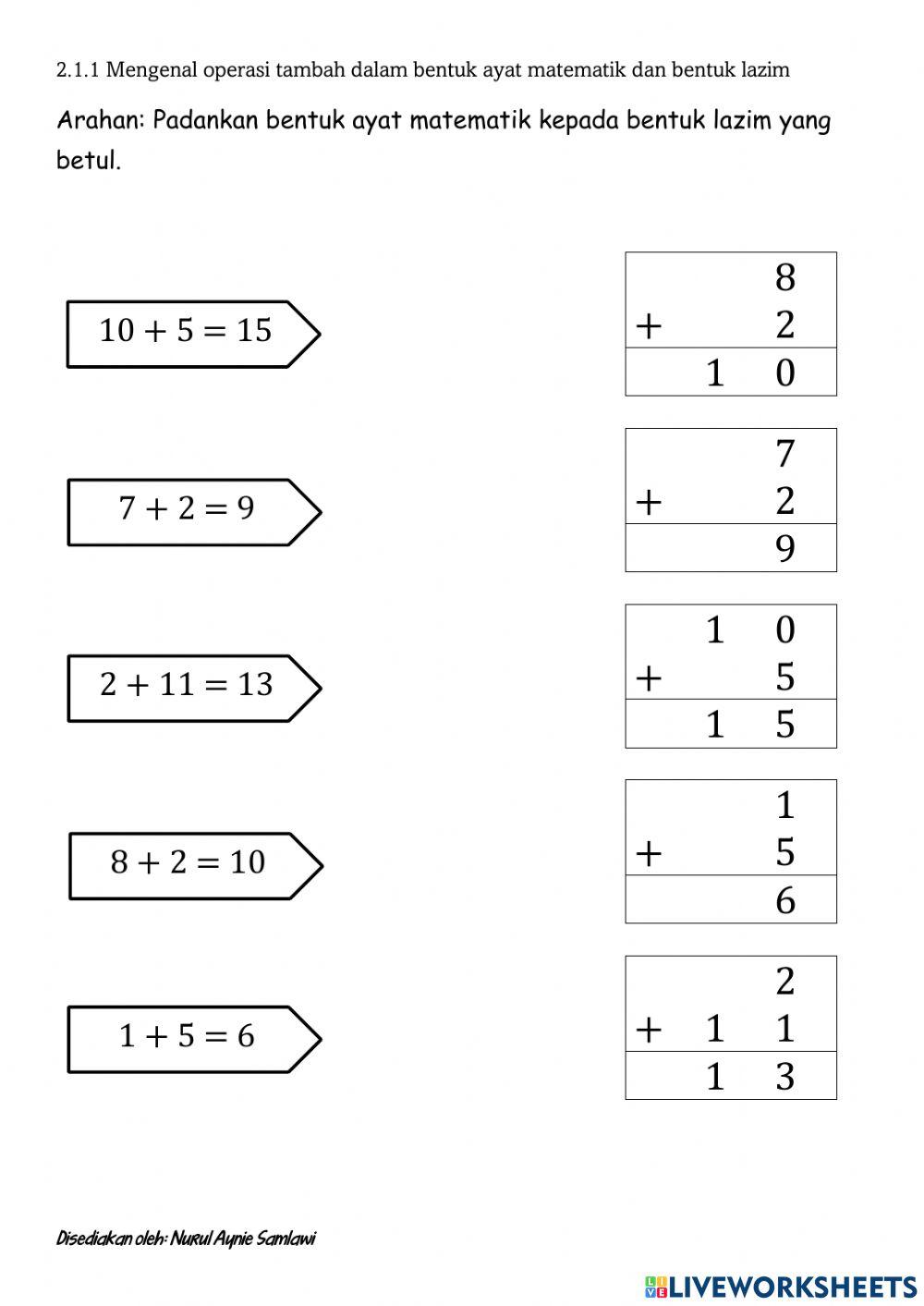 Tambah dalam Bentuk Ayat Matematik dan Bentuk Lazim