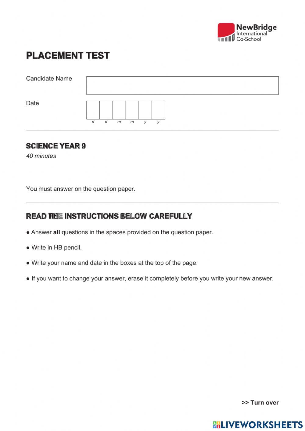 Year 9 Science Placement Test - Section A