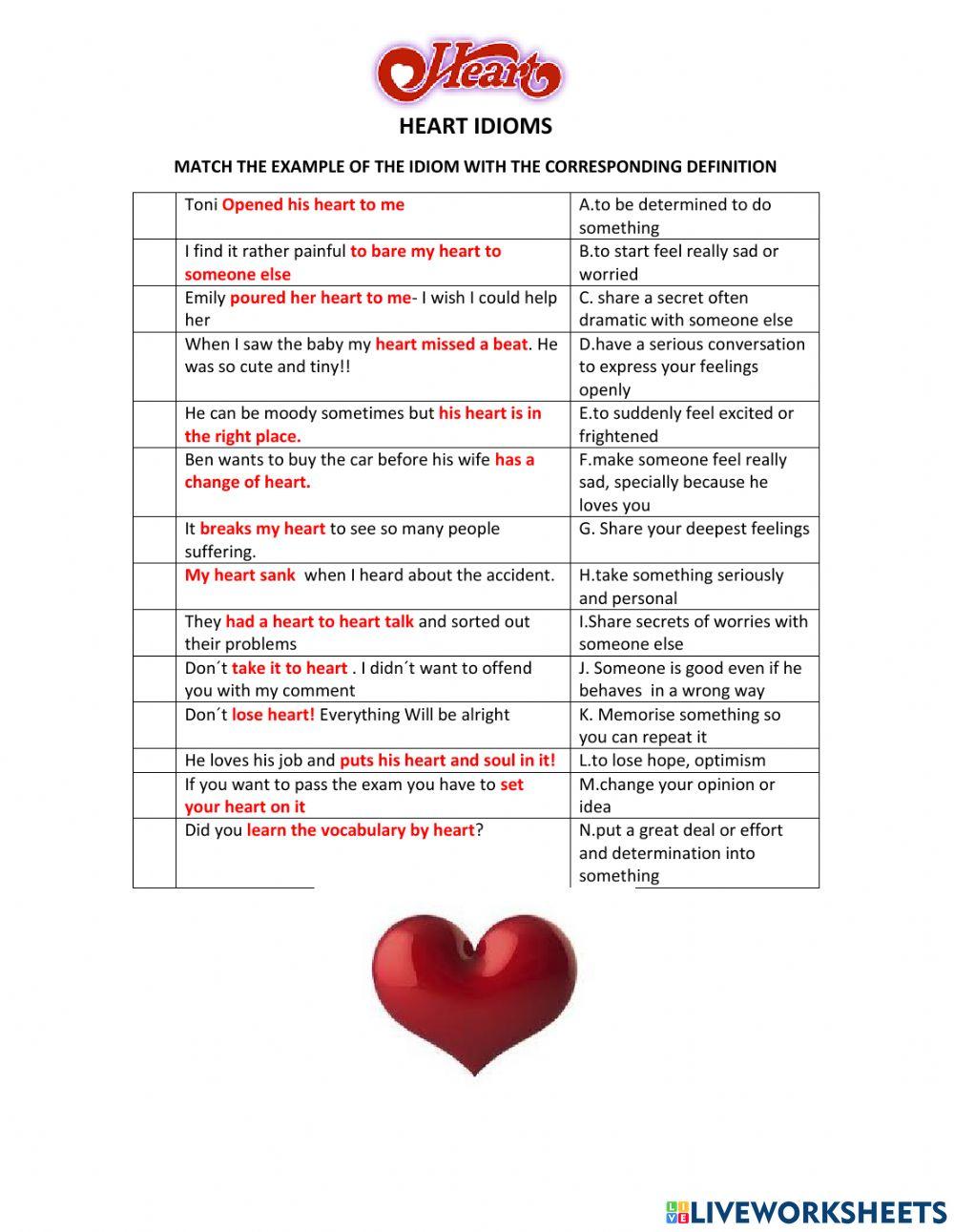Heart idioms worksheet Live Worksheets