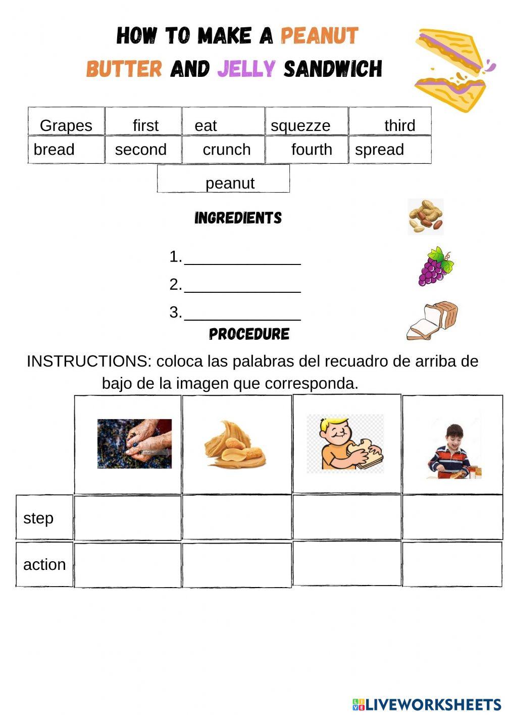 Peanut butter and jelly sandwich interactive worksheet | Live Worksheets