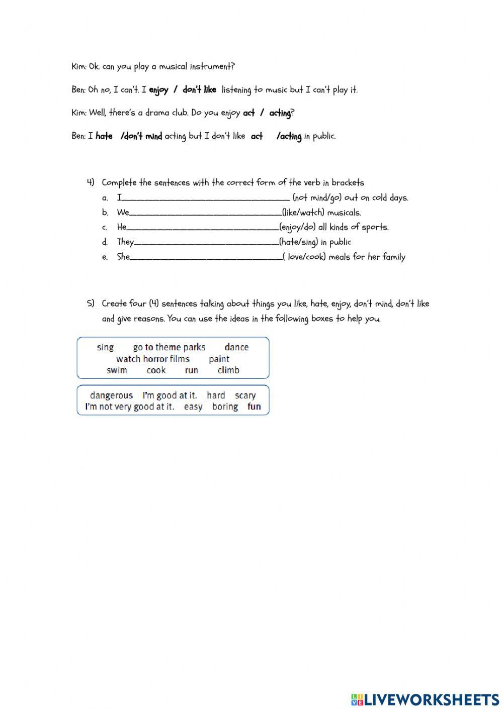 Expressions for likes and dislikes + hobbies