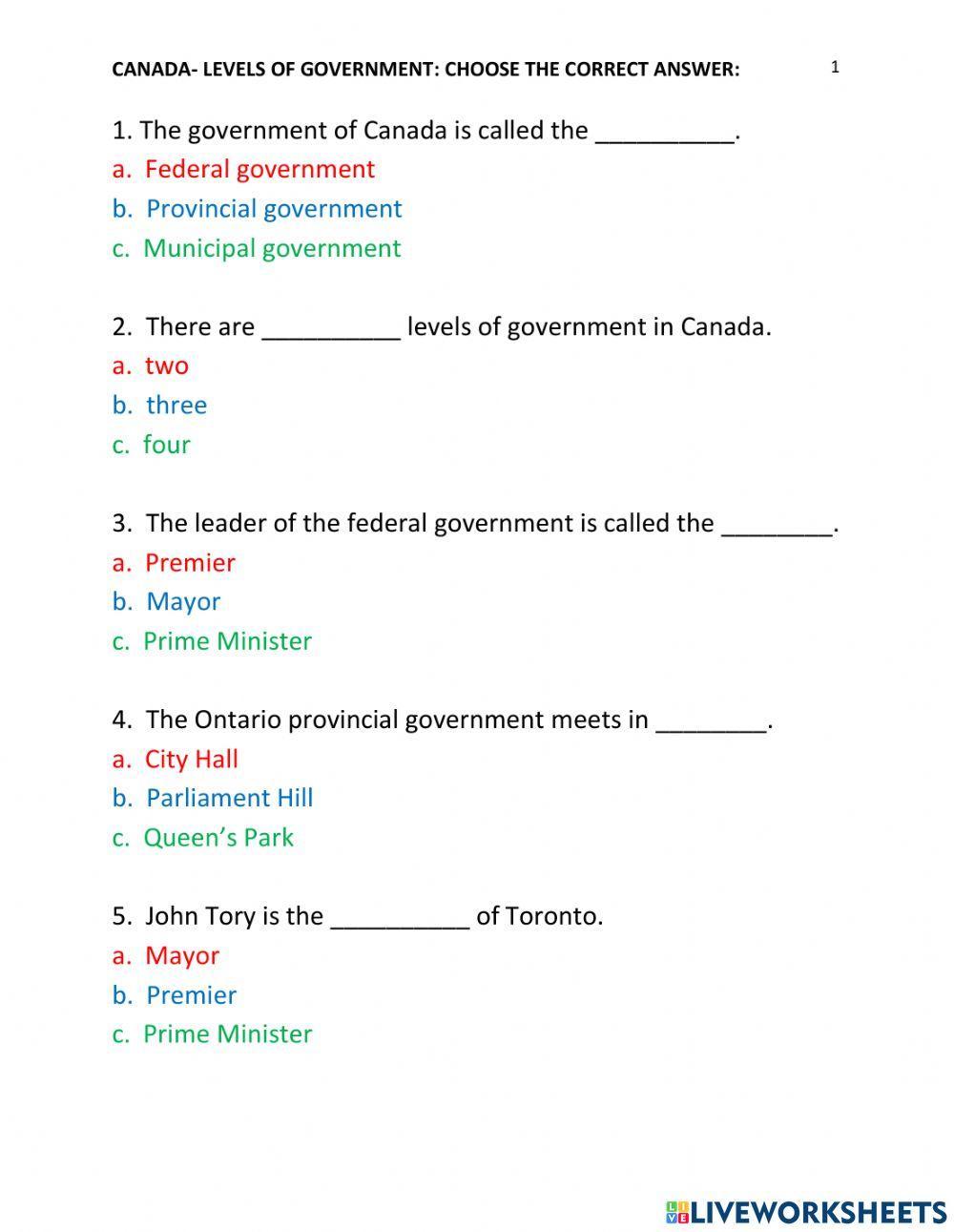 Canada - Levels of Government- multiple choice
