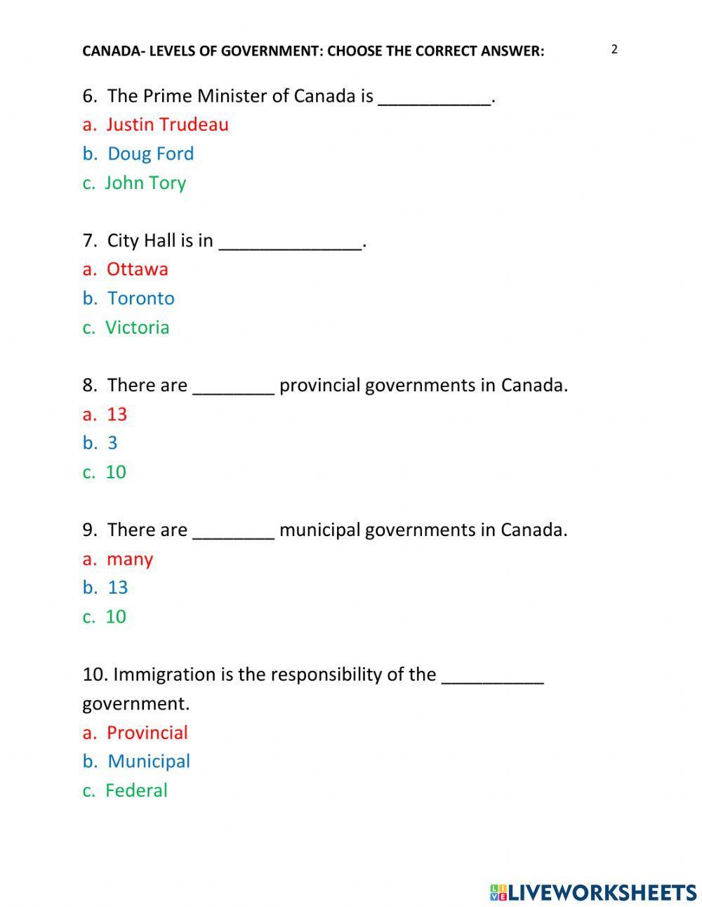 Canada - Levels of Government- multiple choice