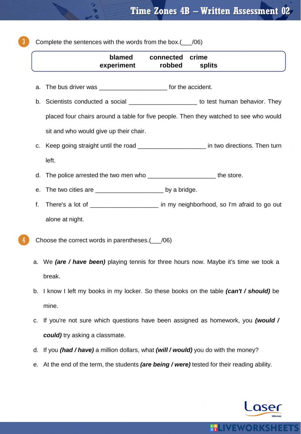 Time Zones 4 - Part B - Evaluation Exercises for Units 10 to 12
