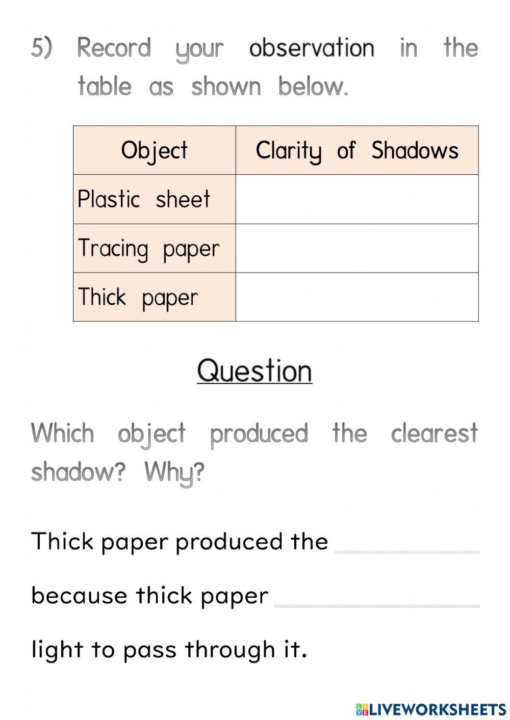 Science Year 2 PdPRW21 Wednesday 23.06.2021 - Unit 6 Light and Dark - Clarity of Shadows