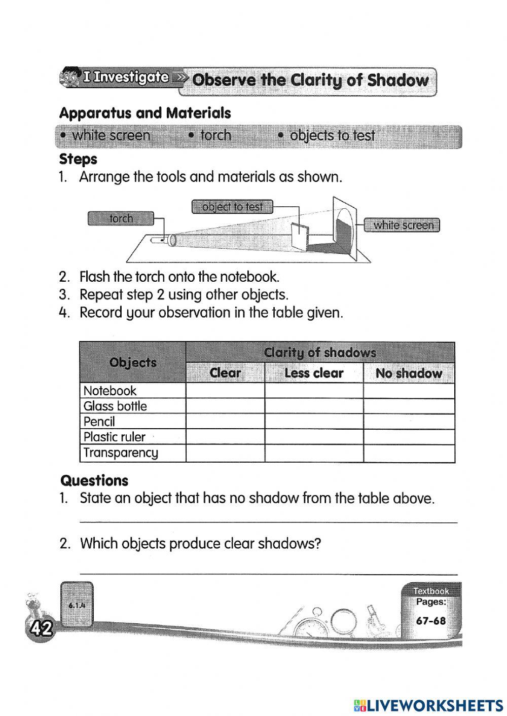 Science Year 2 PdPRW21 Wednesday 23.06.2021 - Unit 6 Light and Dark - Clarity of Shadows