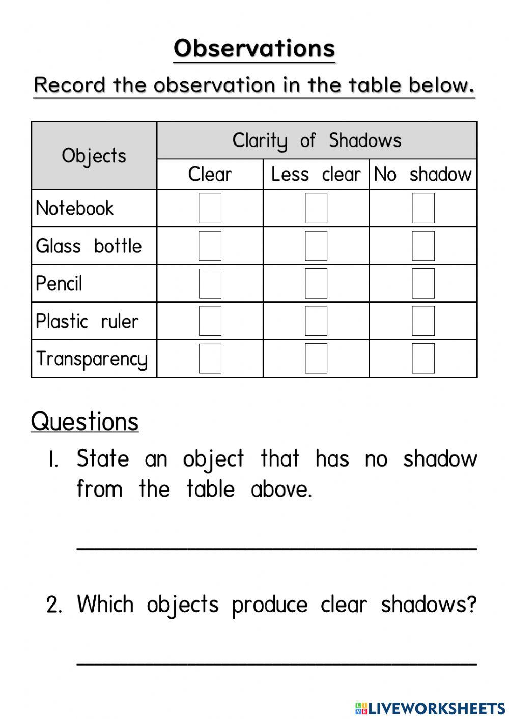 Science Year 2 PdPRW21 Wednesday 23.06.2021 - Unit 6 Light and Dark - Clarity of Shadows