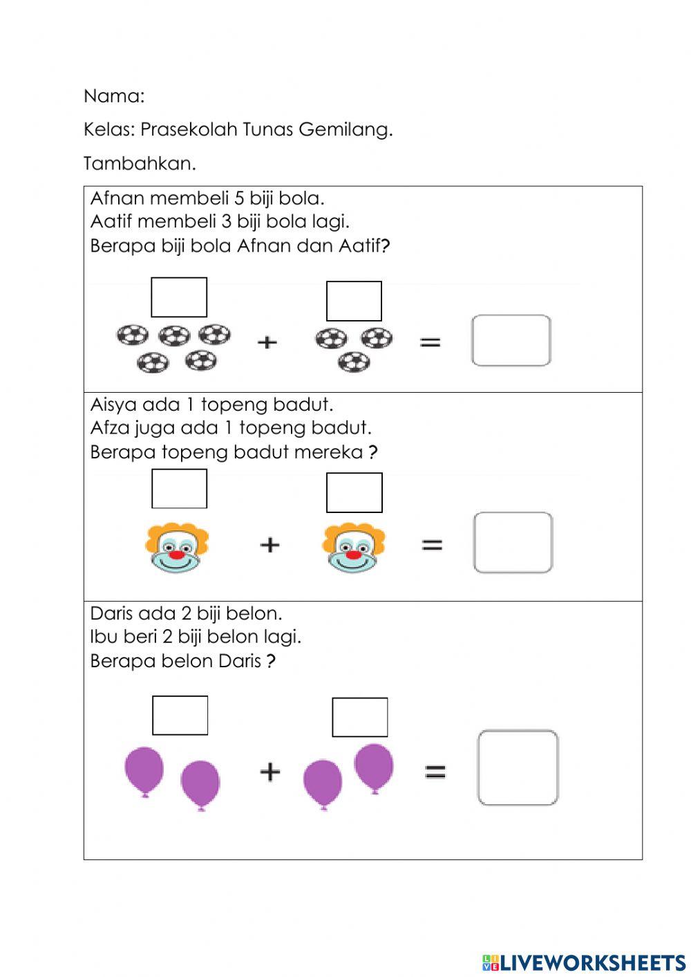 Operasi Tambah Penyelesaian Masalah Prasekolah