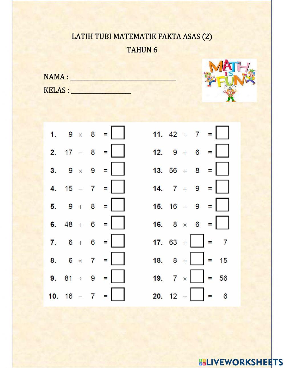 Latih tubi fakta asas 2 tahun 6