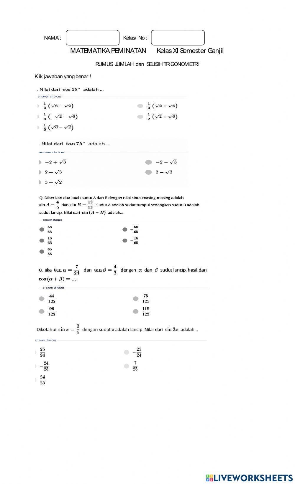 Rumus Jumlah dan selisih Trigonometri