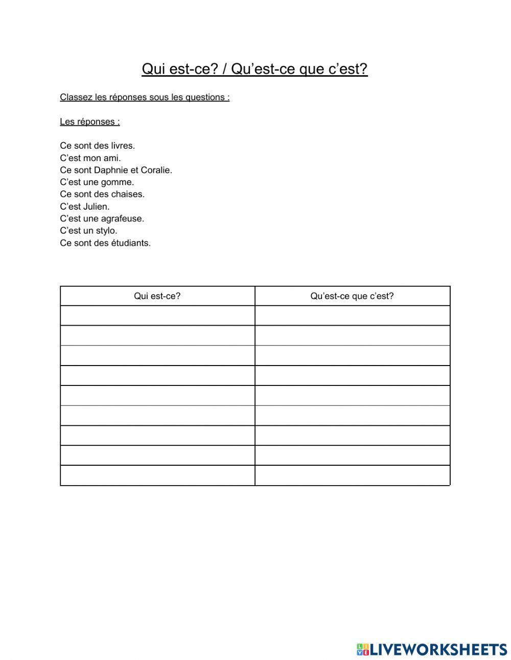 Qui est-ce?-Qu'… | Free Interactive Worksheets | 5072325