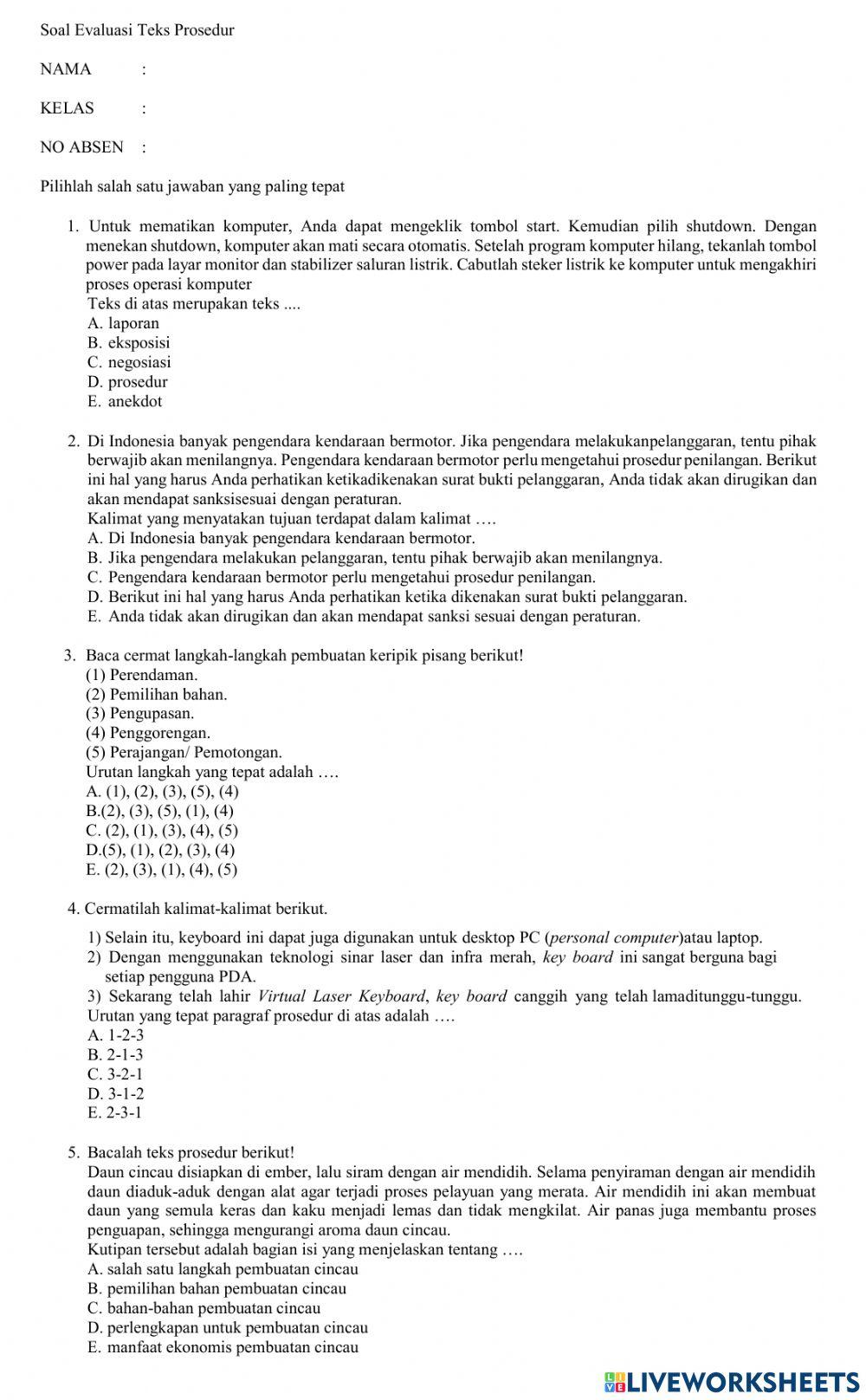 Soal evaluasi teks prosedur