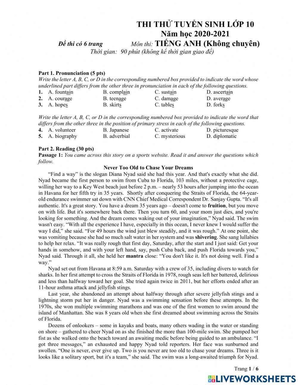 Ôn thi lớp 10 - Đề Anh không chuyên - 1