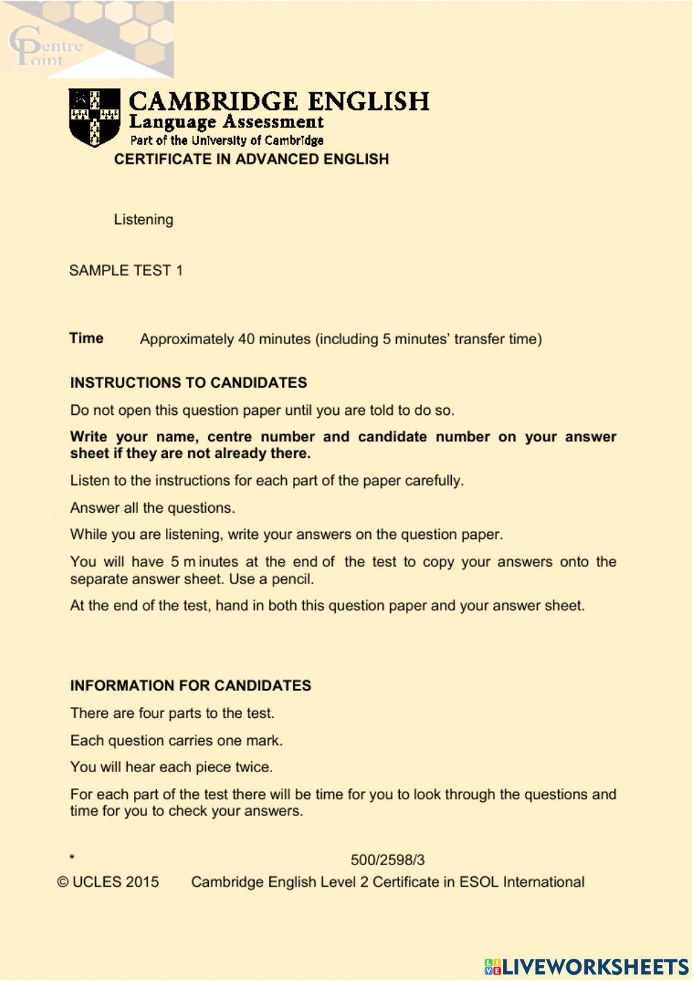 Cae listening full test 1 online exercise for live worksheets