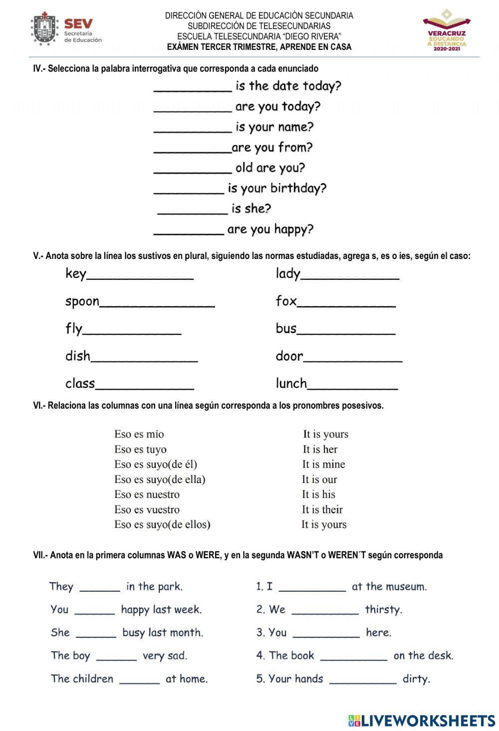 Examen de inglés tercer trimestre