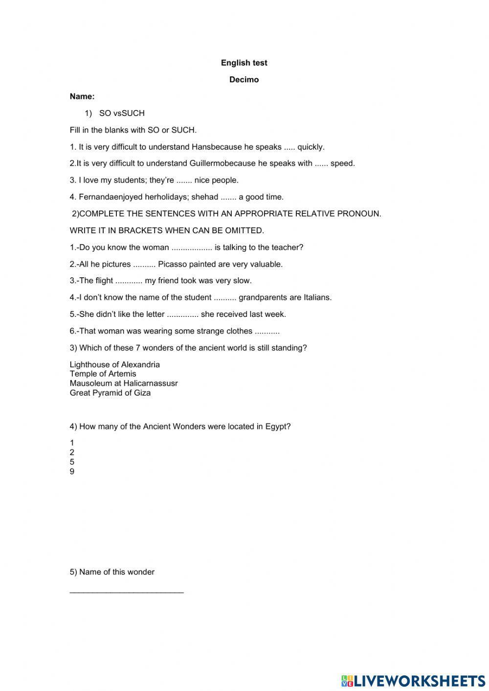 Test decimo worksheet | Live Worksheets