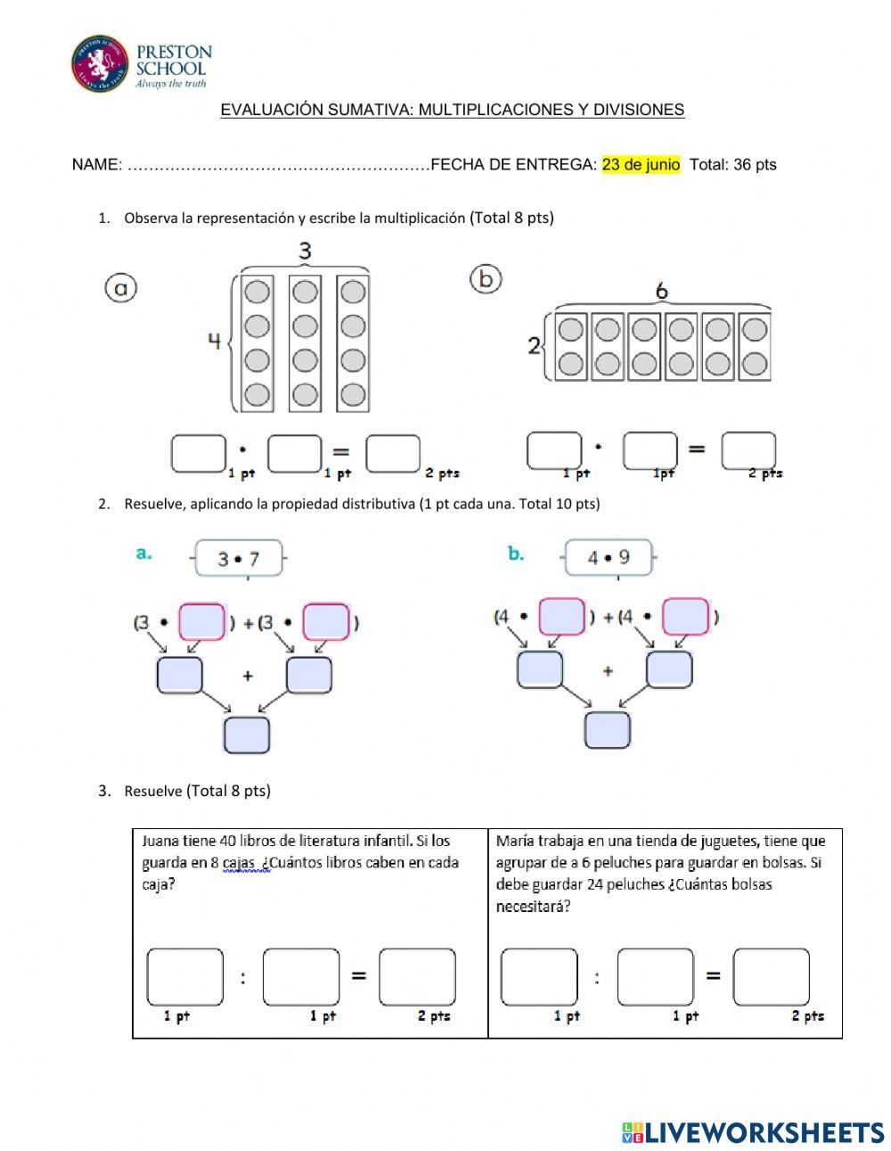 Sumativa de división y multiplicación Sumativa de división y multiplicación