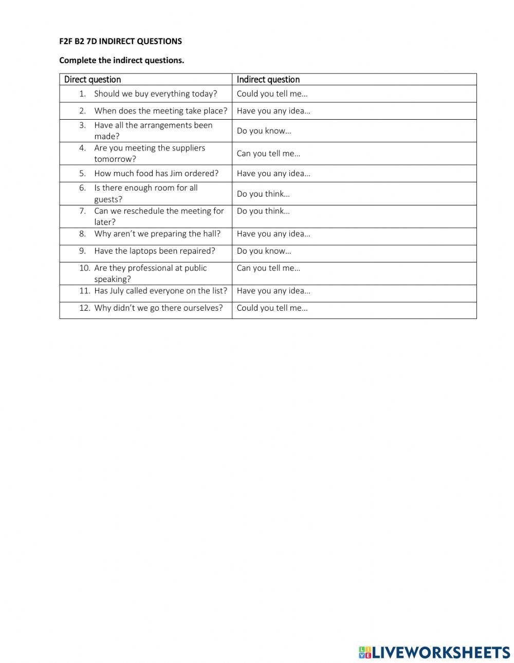 F2F B2 7D Indirect questions transformations