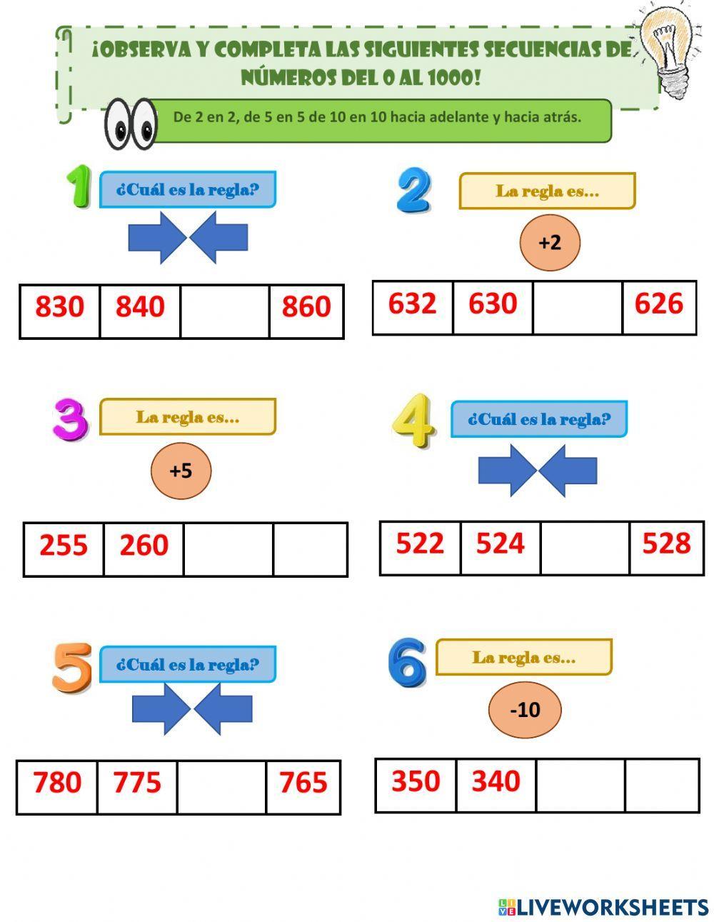 Secuencia de 2 en 2 de 5 en 5 de 10 en 100 al 1000.