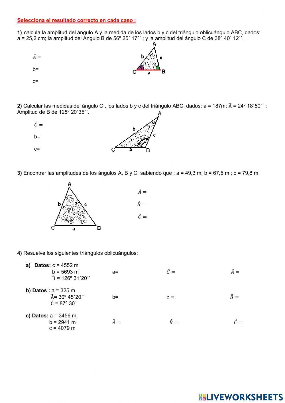 Ejercicios de refuerzo Teorema del Seno y coseno