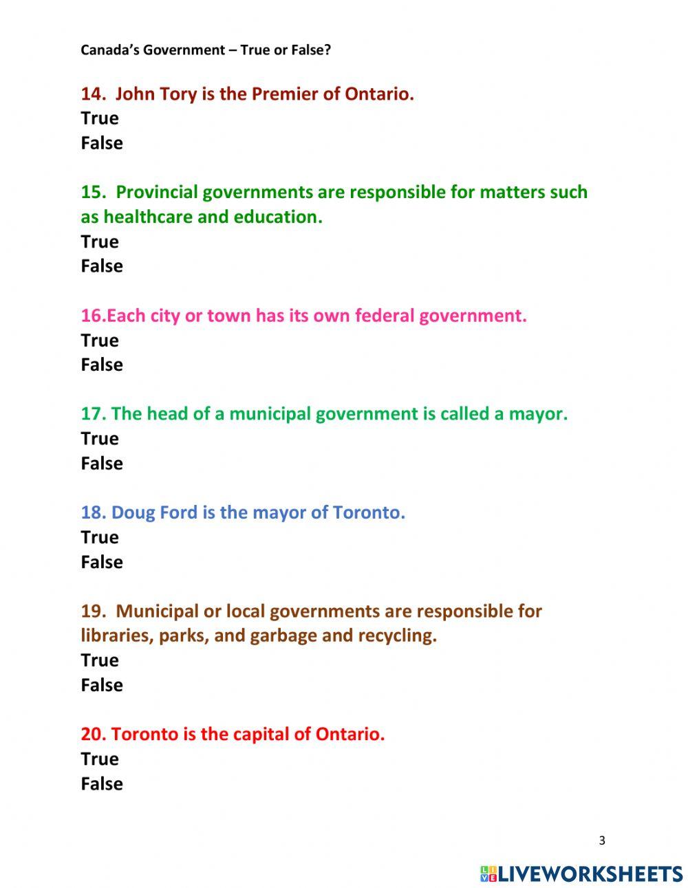 Canada - Levels of Government -True or False