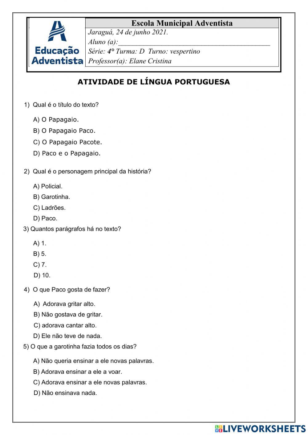 Atividade Língua Portuguesa