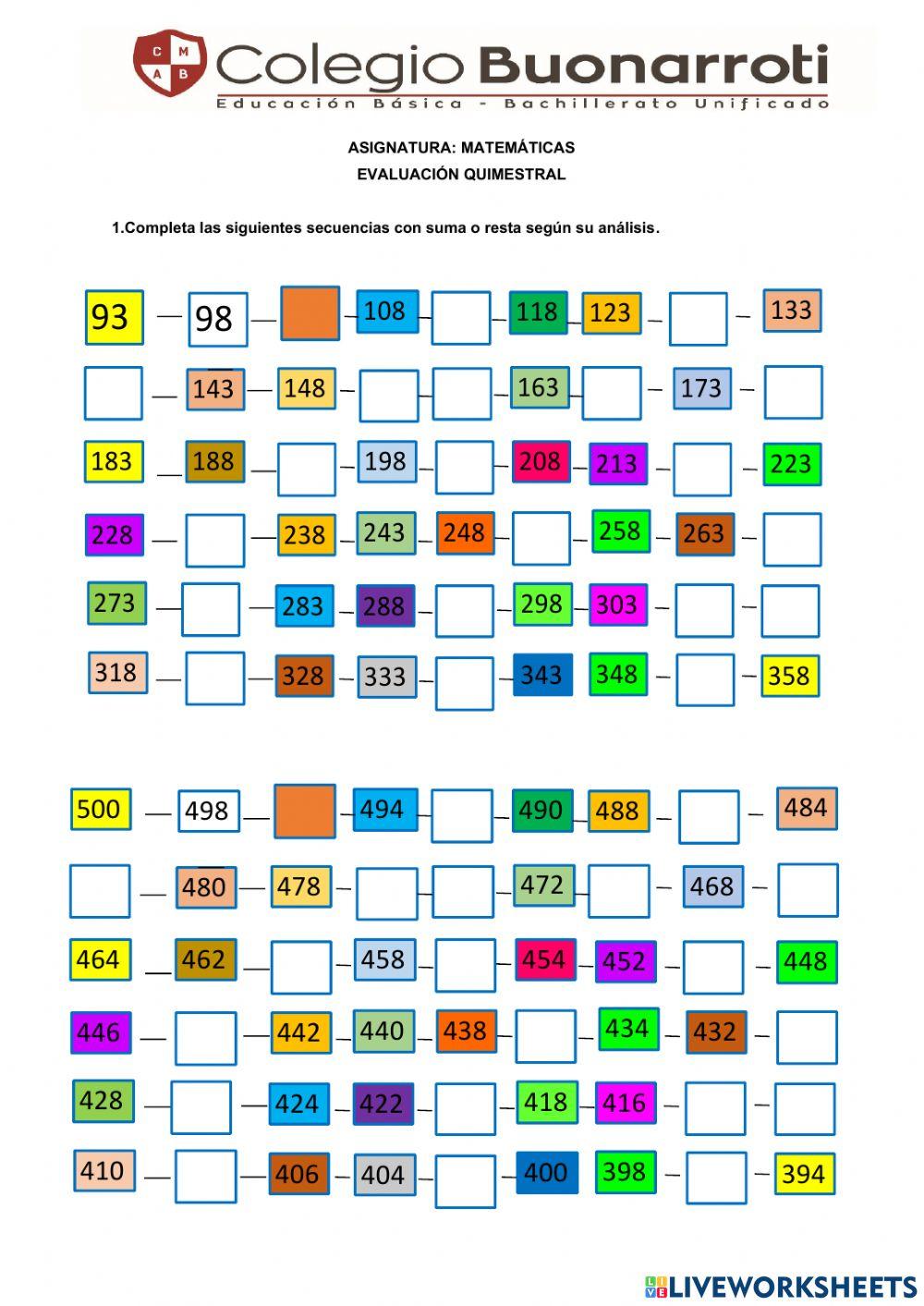 Evaluación QUIMESTRAL matemáticas