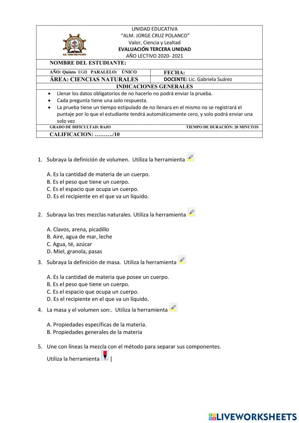 Evaluación 5to Ciencias Naturales Unidad 3