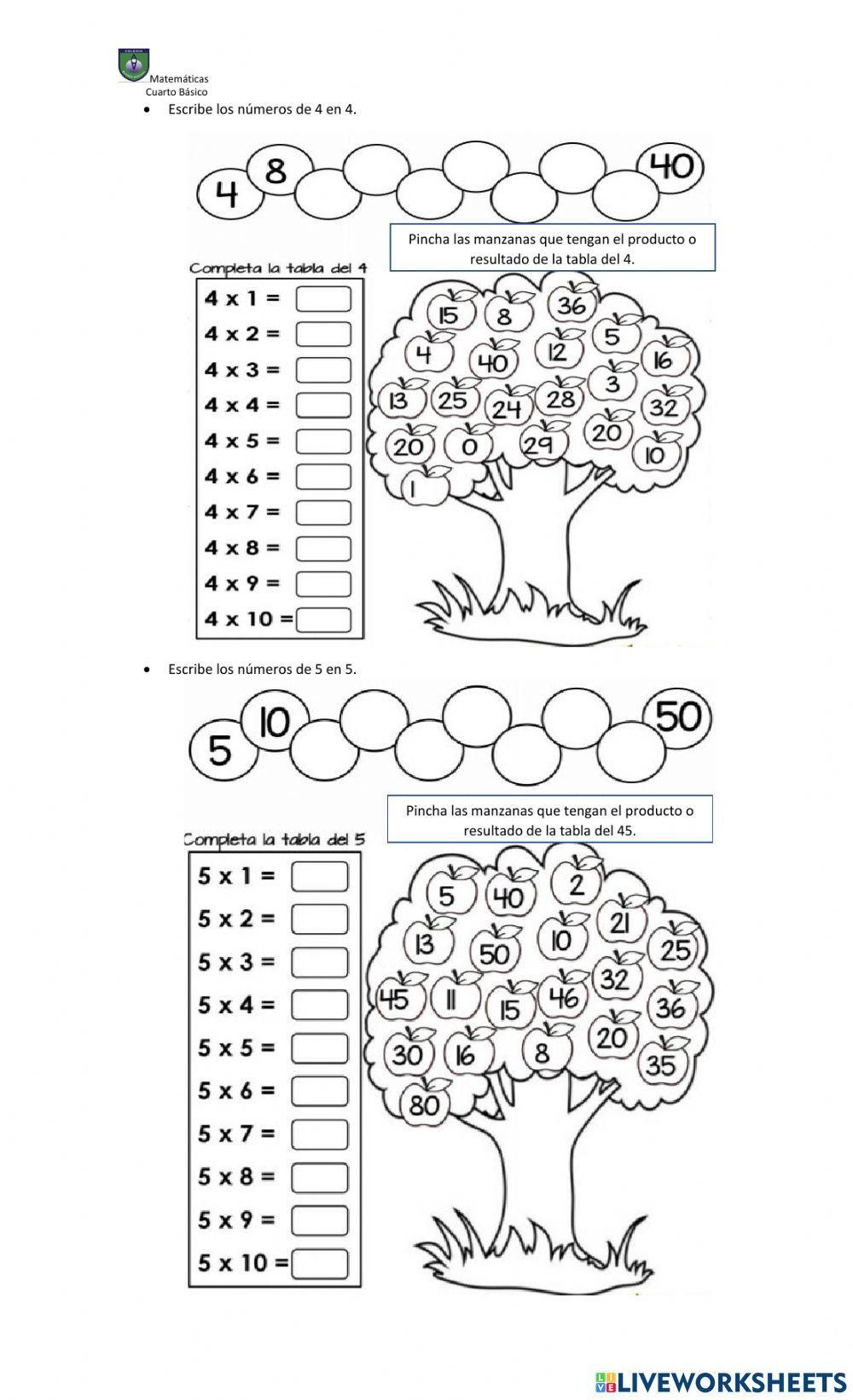 Tablas multiplicar del 2 al 5