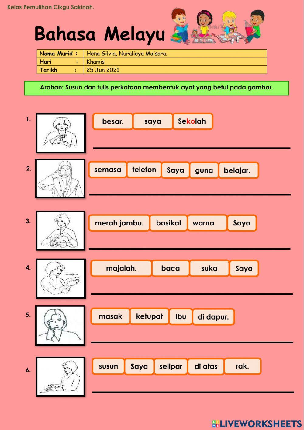 basikal,ketupat,sekolah,telefon (Susun dan tulis ayat)