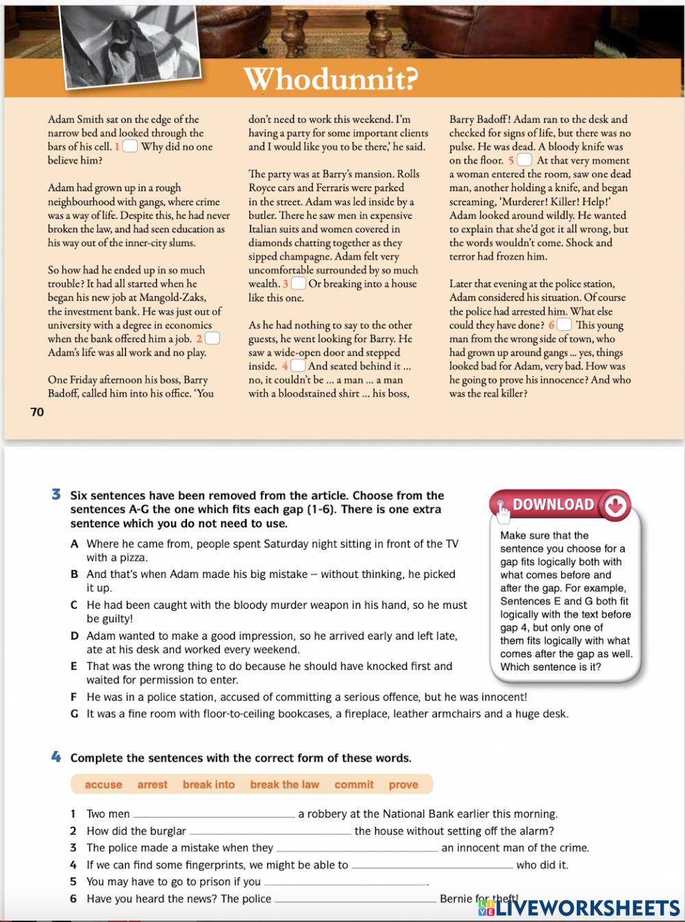 FORM 5 UNIT 6 READING WHODUNNIT? online exercise for Live Worksheets