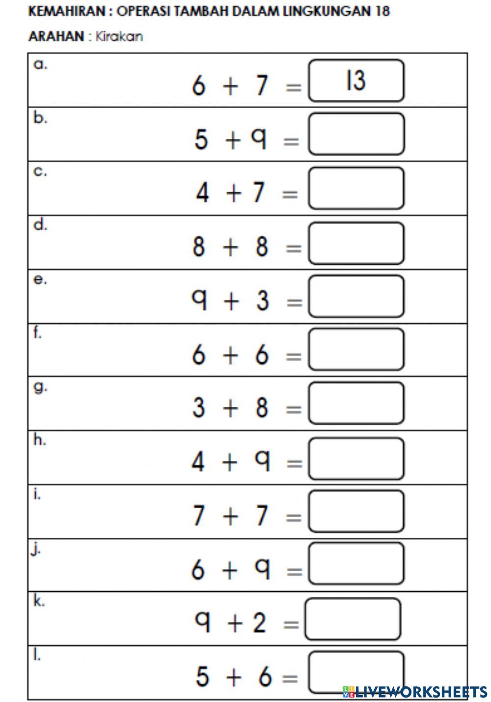 Latihan Matematik Tambah dalam lingkungan 20