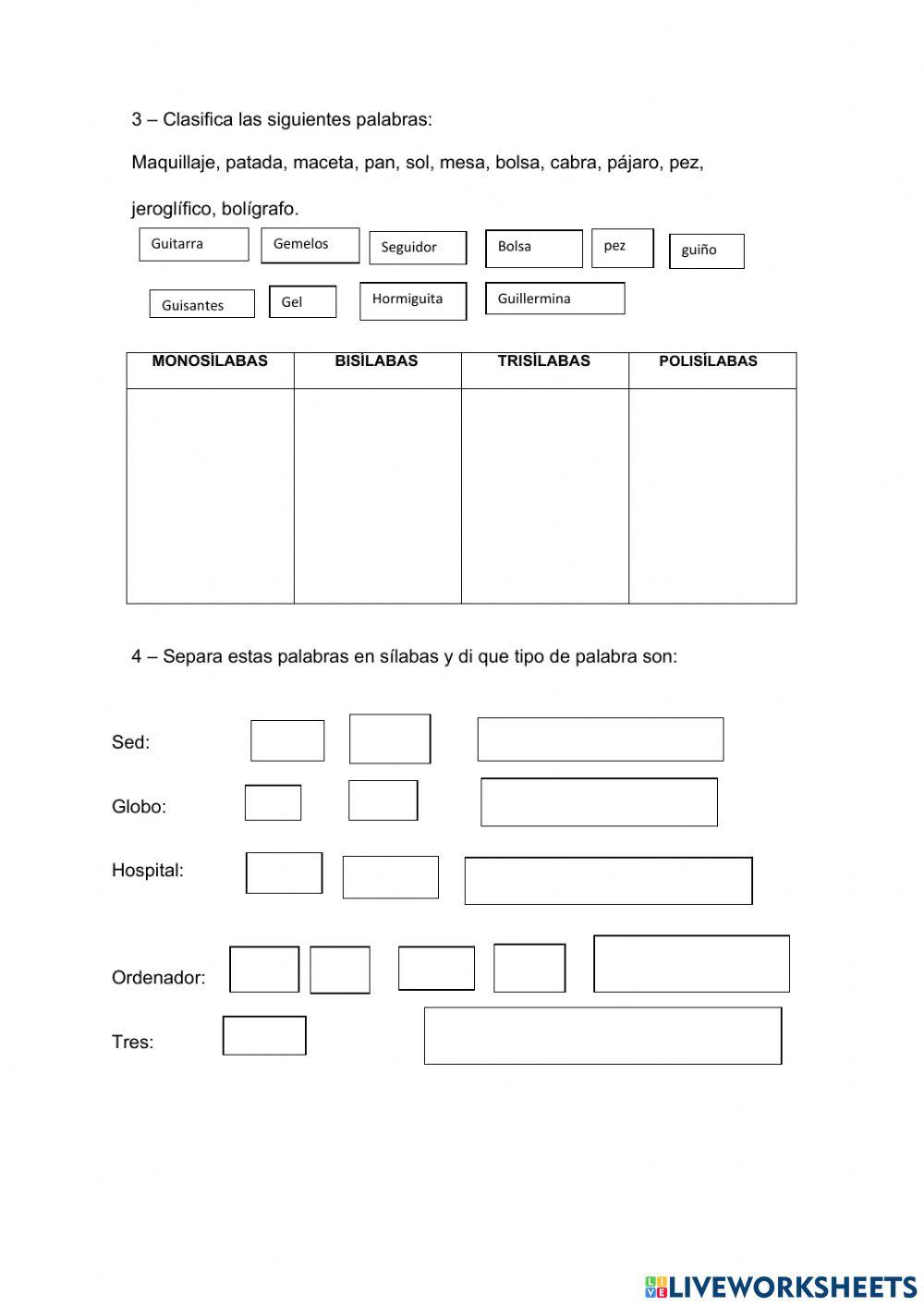 Clasificación de las palabras segùn su sílabas