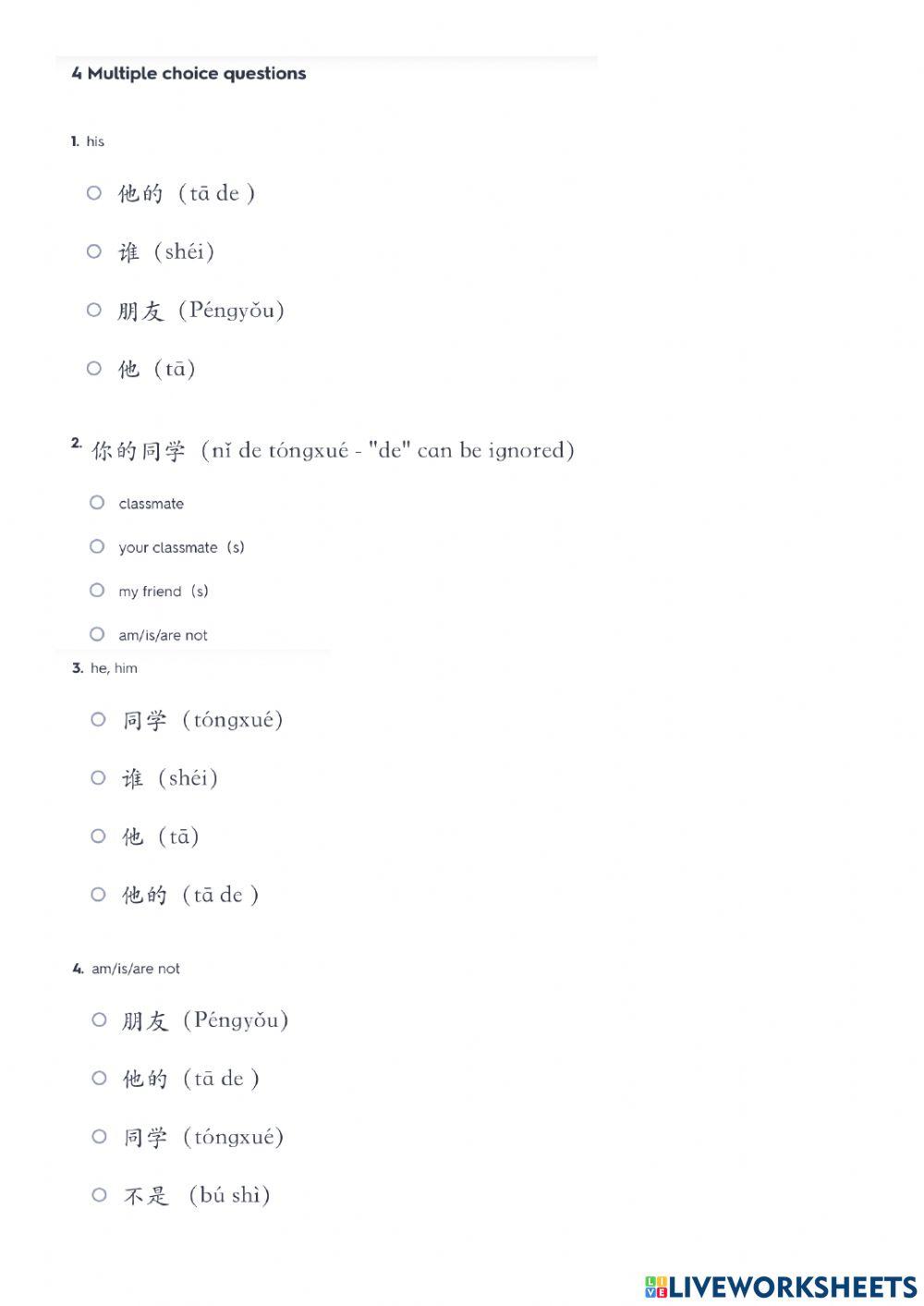HSK 1 Lesson 4 texts 3 worksheets