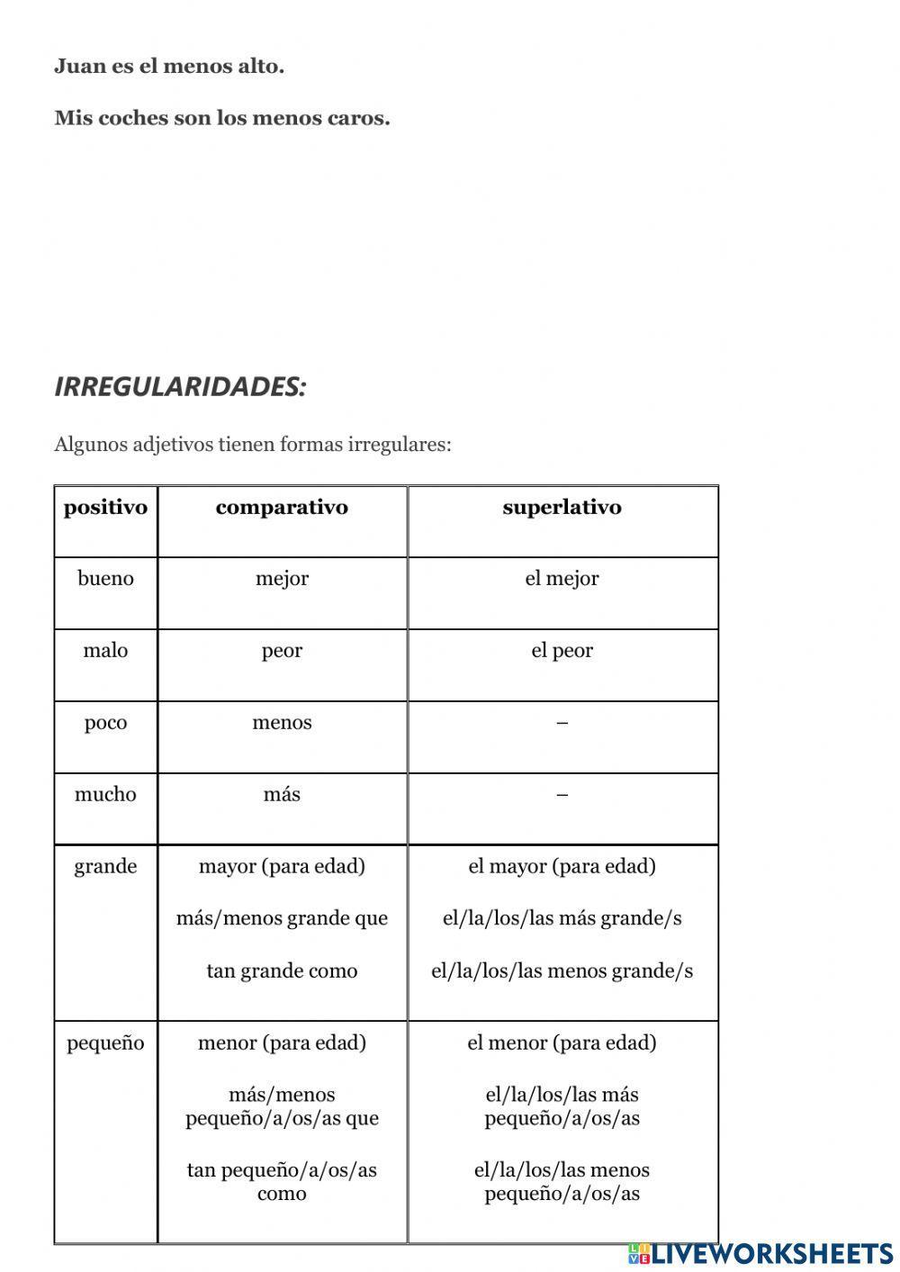 Ejercicios comparativo y superlativo adjetivos