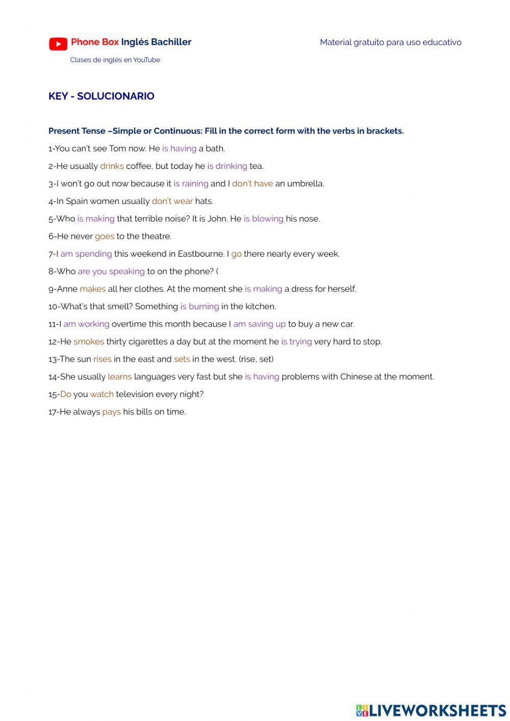 1ºBachiller-Presente Simple y Continuo.ejercicio.1