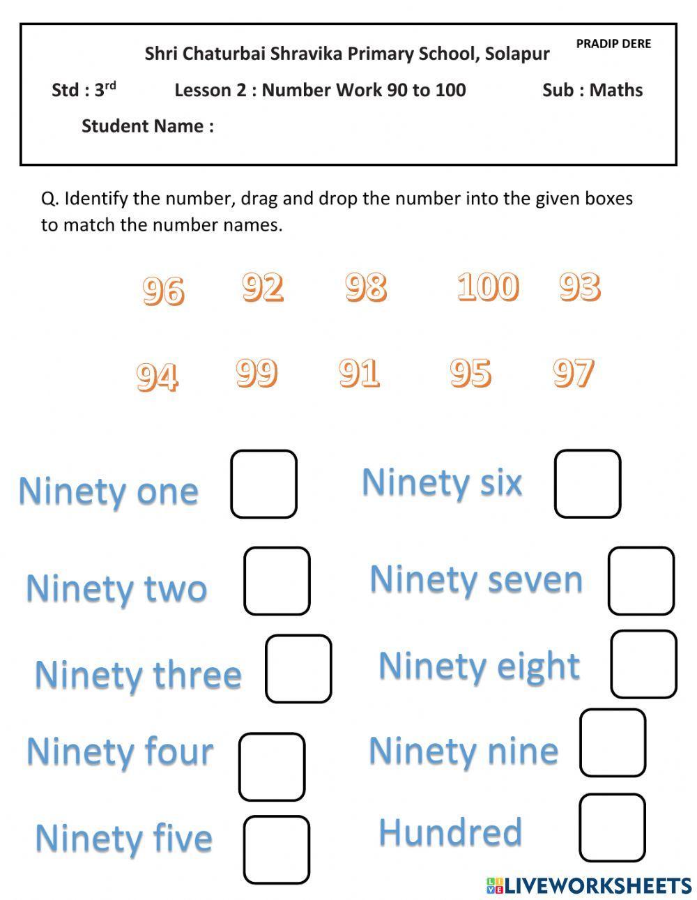 Number work 91 to 100