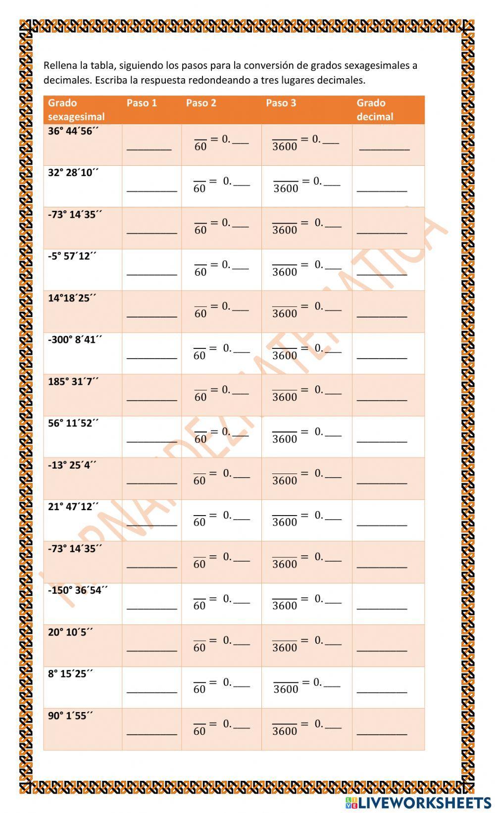 TRIG 1.C.1.a Medidas en grados y radianes: Cambiar de grados, minutos y segundos (grados sexagesimales) a grados decimales