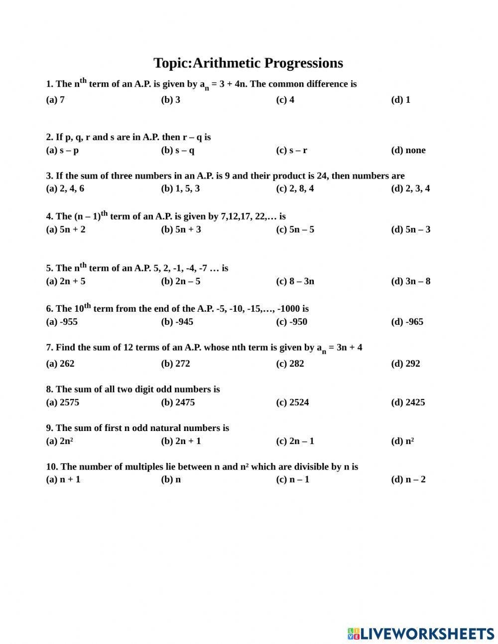 Arithmetic Progression exercise | Live Worksheets