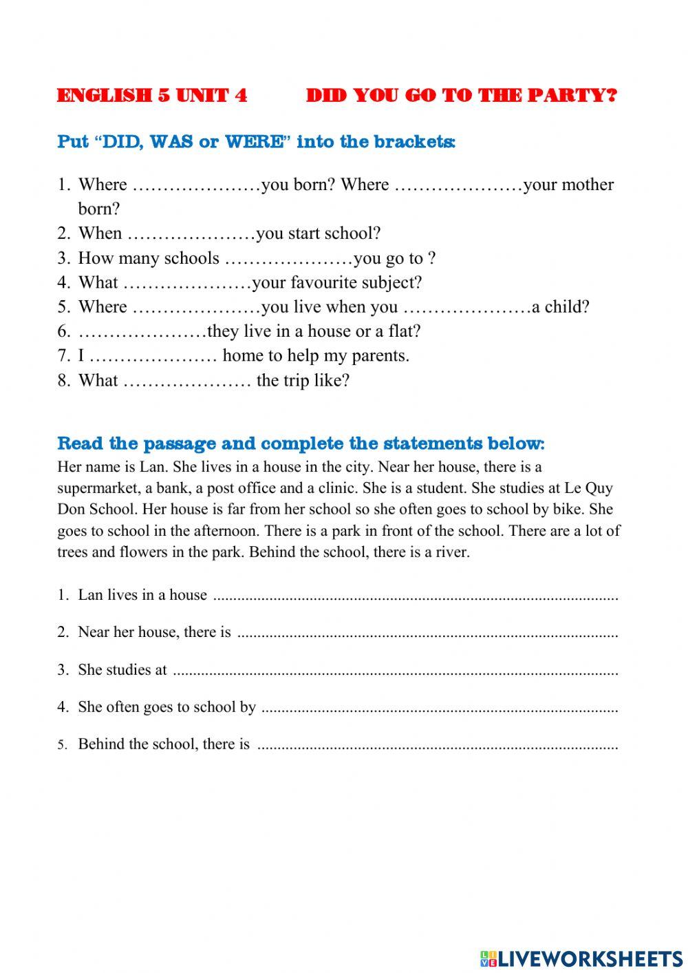 English 5 Unit 4 Did you go to the party